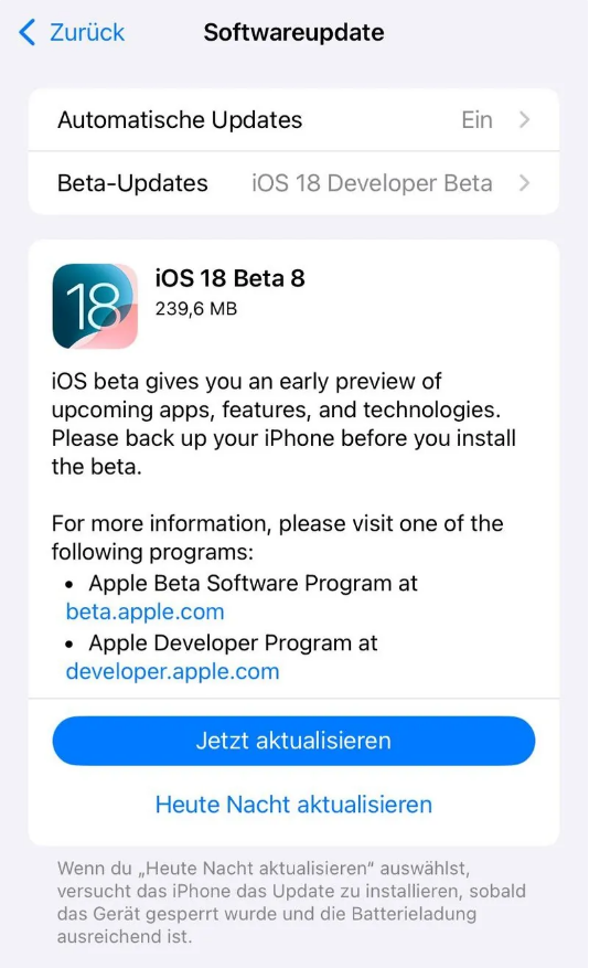 灌云苹果手机维修分享苹果 iOS / iPadOS 18 开发者预览版 Beta 8 发布 